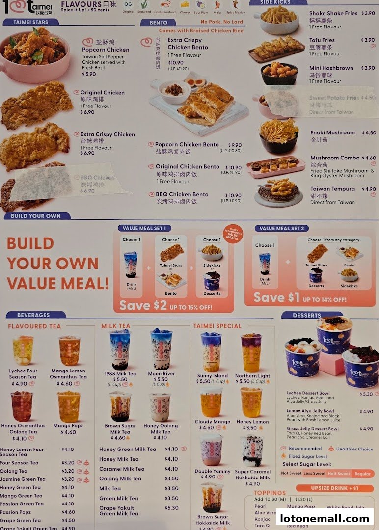 A menu for I Love Taimei featuring fried chicken, bubble tea, and Taiwanese street food.