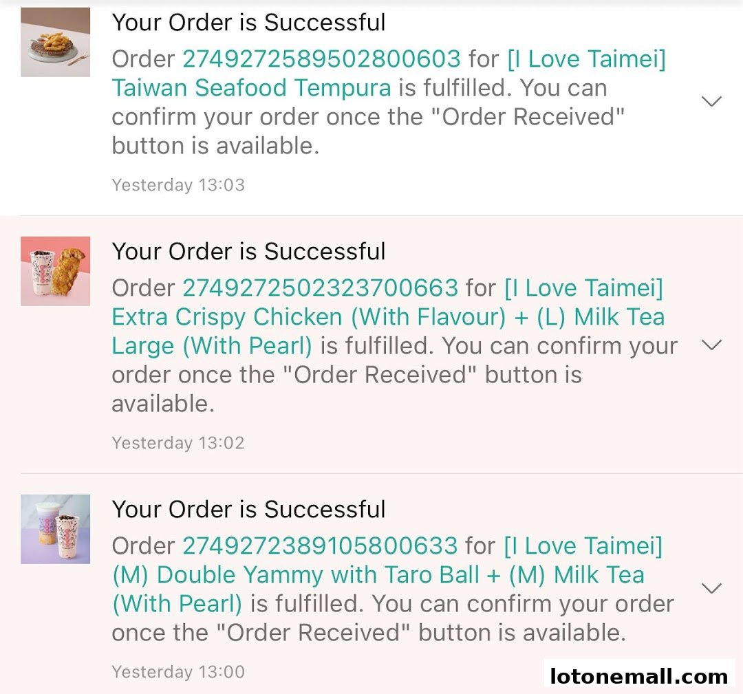 Screenshots of successful orders from I Love Taimei, featuring fried chicken and bubble tea.