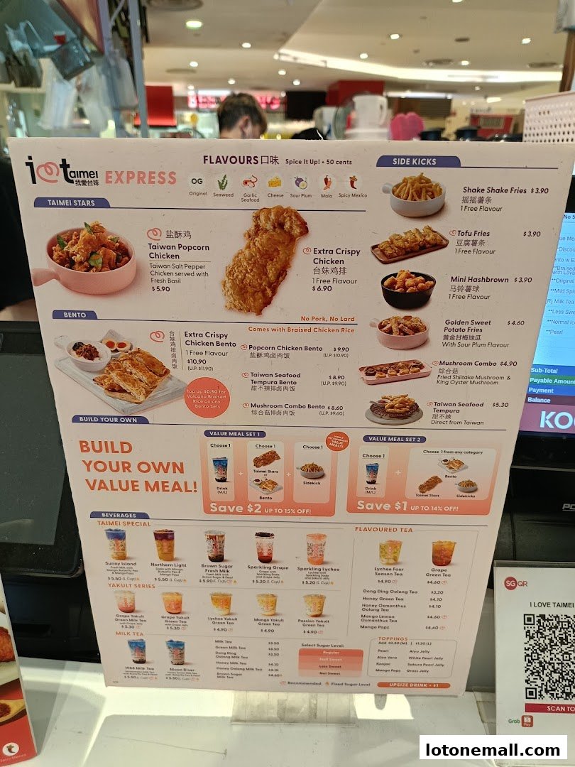 A menu for I Love Taimei Express featuring fried chicken, bubble tea, and Taiwanese street food.