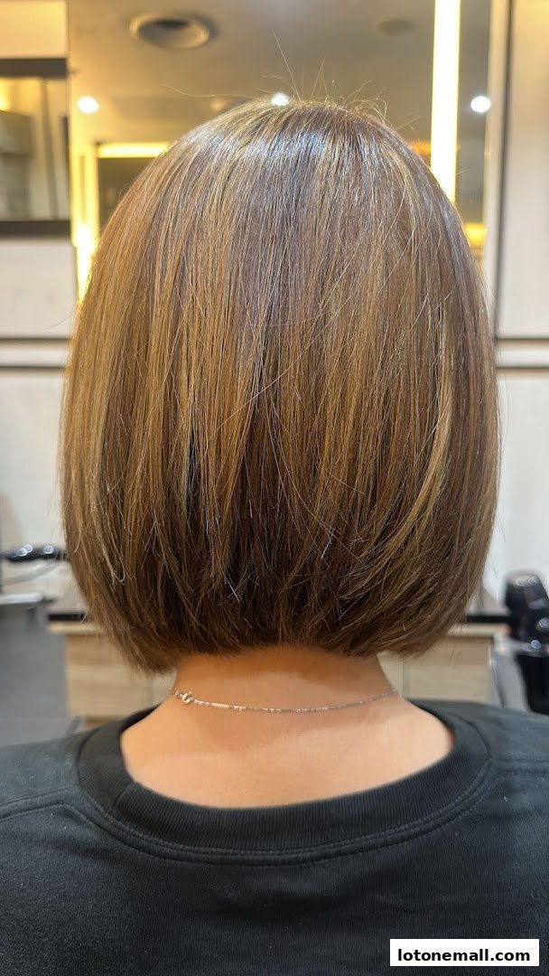 Back view of a woman with a stylish bob haircut with highlights.