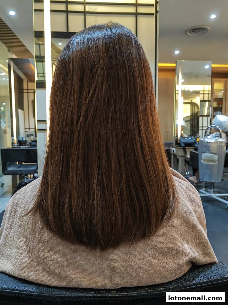 A person's back with long, brown hair in a salon chair, draped with a towel.