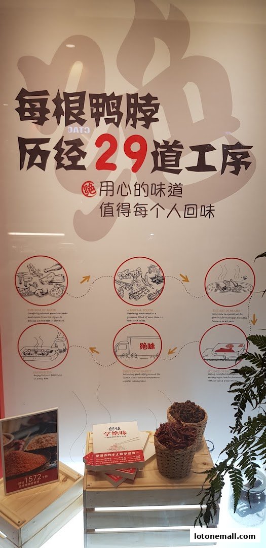 A display showcasing the 29-step process of making JueWei duck necks with ingredients and packaging.