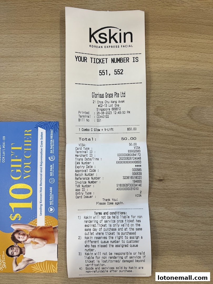 A receipt and a gift voucher from Kskin Korean Express Facial.