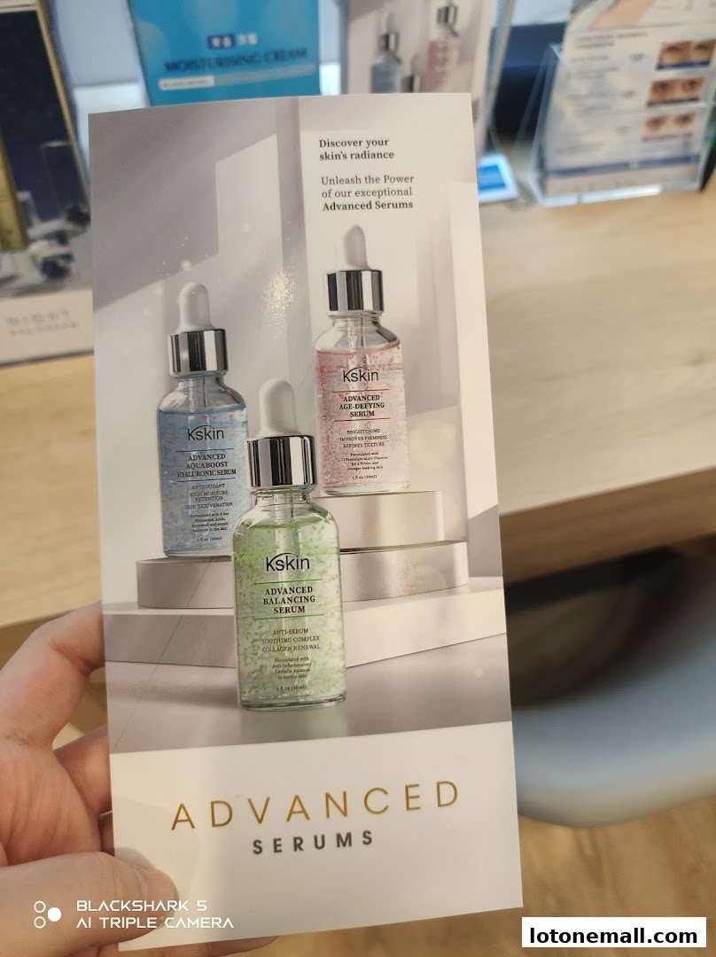 A brochure showcasing Kskin Advanced Serums with three distinct serum bottles.