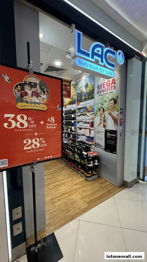 The entrance of LAC Nutrition for Life, showcasing health supplements and a Lunar New Year promotion.