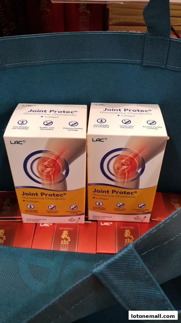 Two boxes of LAC Joint Protec supplements are displayed in a teal tote bag.