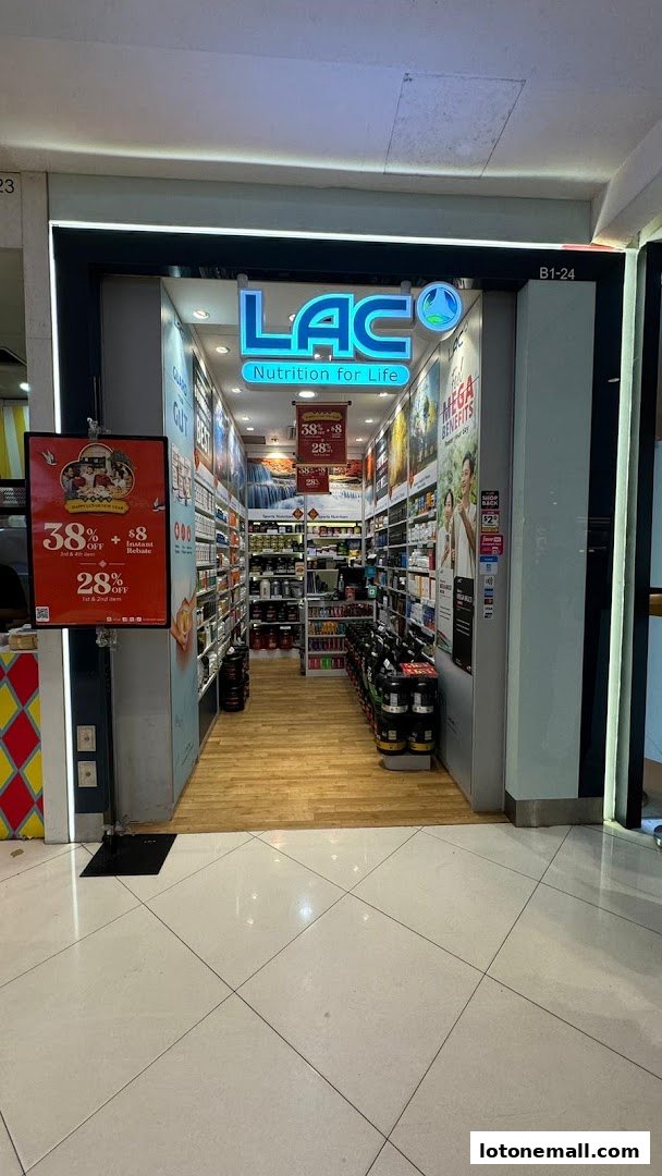 The entrance of LAC Nutrition For Life, a store selling health supplements and sports nutrition products.