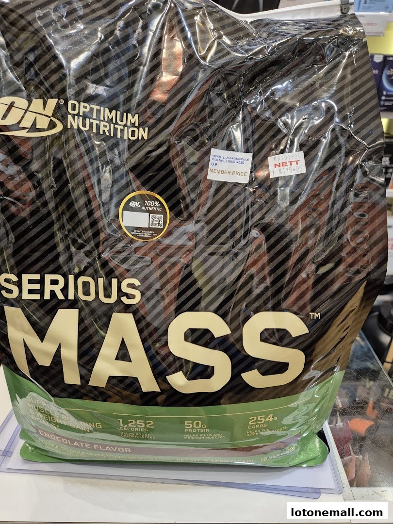A large bag of Optimum Nutrition Serious Mass weight gainer supplement in chocolate flavor.