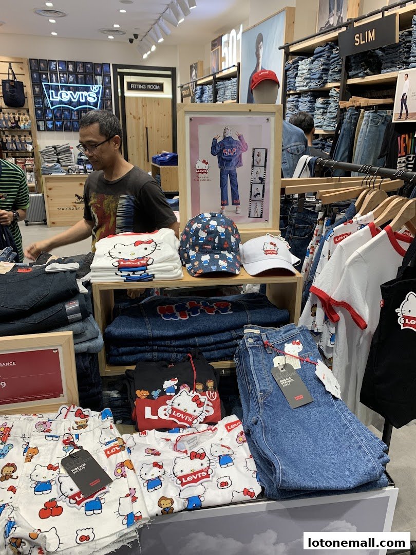 Levi's store interior featuring Hello Kitty themed apparel and denim jeans.