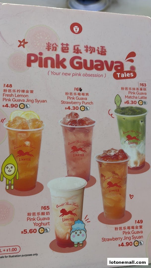 A menu featuring various Pink Guava flavored drinks from LiHO TEA.