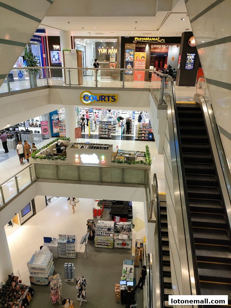 Interior view of a multi-level shopping mall with escalators and various shops.
