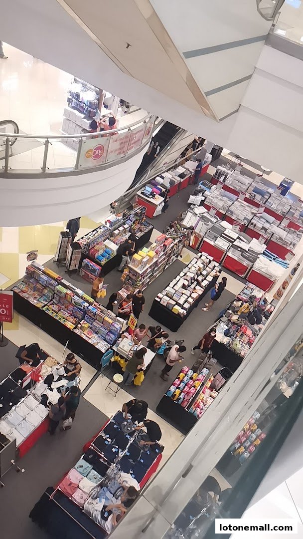 An overhead view of a busy shopping mall with various stalls and shoppers browsing merchandise.