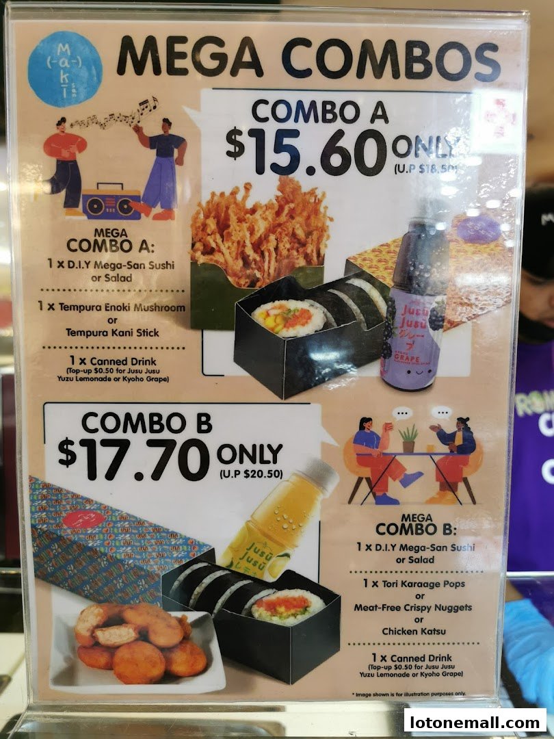 A menu board showcasing two mega combo deals with sushi, sides, and drinks.