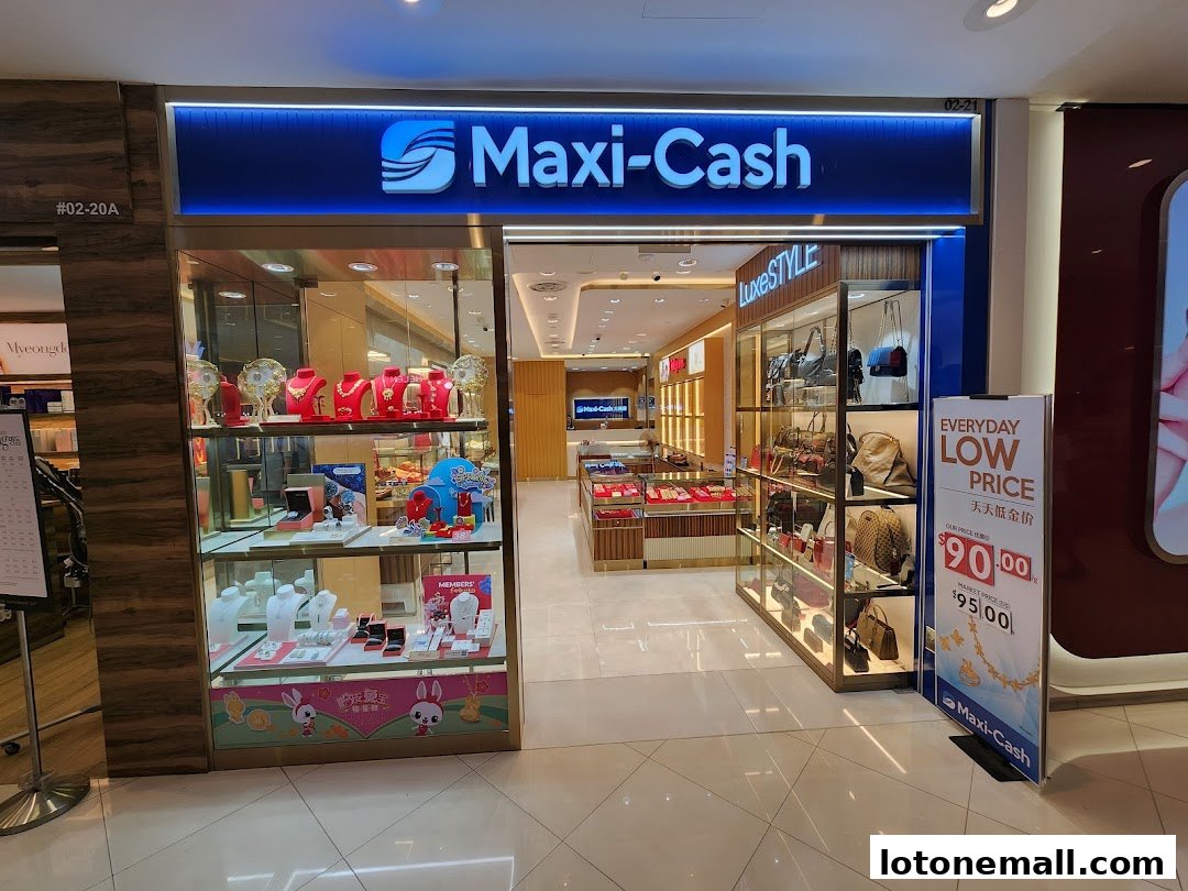 Maxi-Cash jewelry and handbag store with display cases and promotional signage.