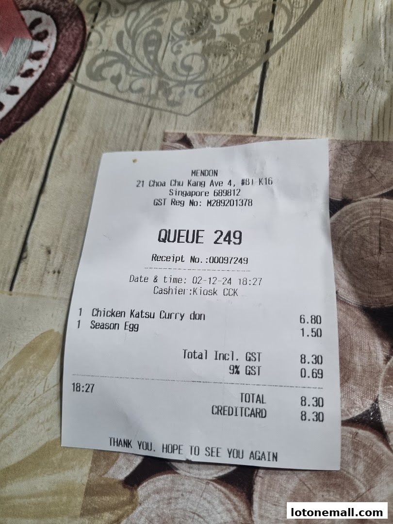 A receipt from Mendon showing a purchase of Chicken Katsu Curry don and Season Egg.
