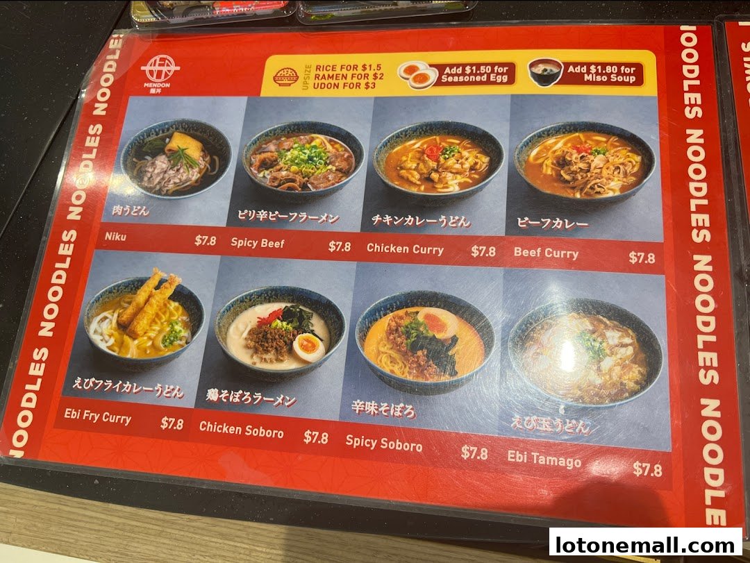 A menu displaying various noodle dishes with images and prices.
