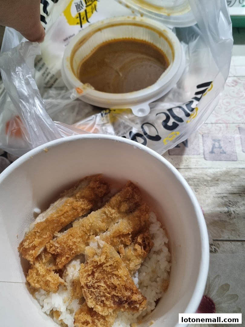 A close-up of a takeout meal featuring rice topped with crispy fried pork and a side of curry sauce.