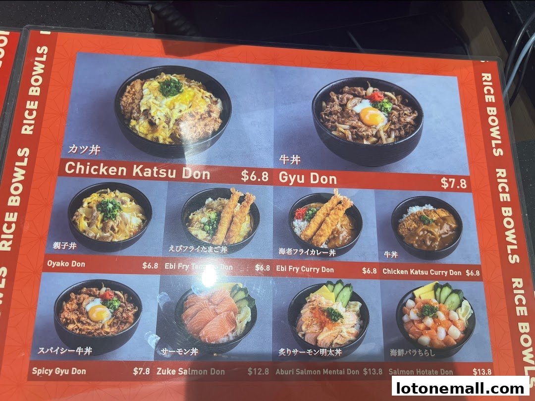 A menu displaying various Japanese rice bowls with images and prices.