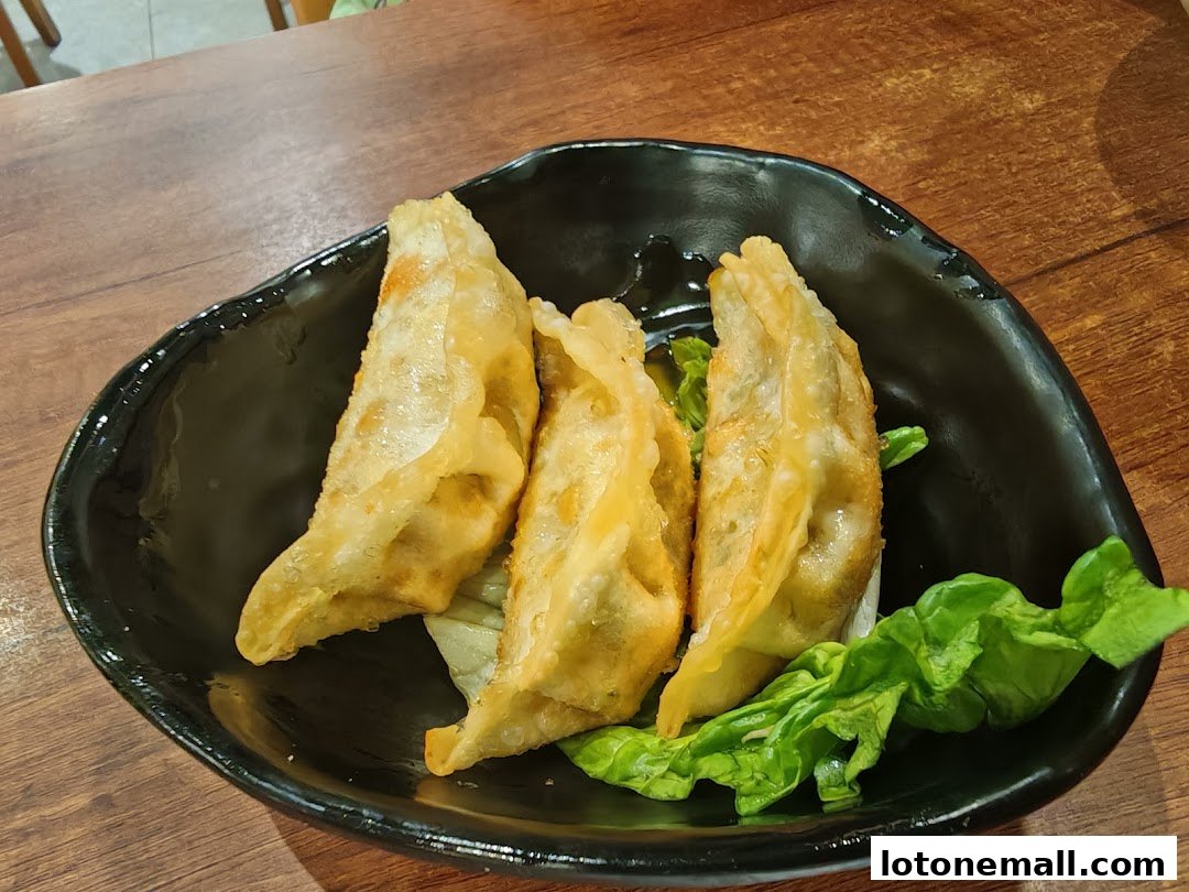 Three golden-brown pan-fried dumplings served on a black plate with lettuce.
