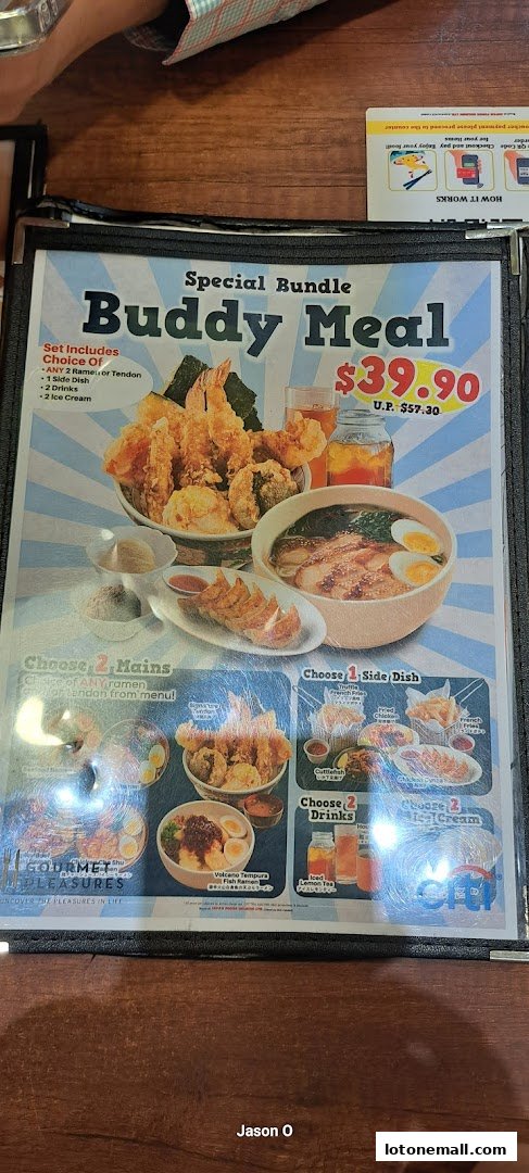 A menu featuring a 'Buddy Meal' special with ramen, tempura, side dishes, drinks, and ice cream.