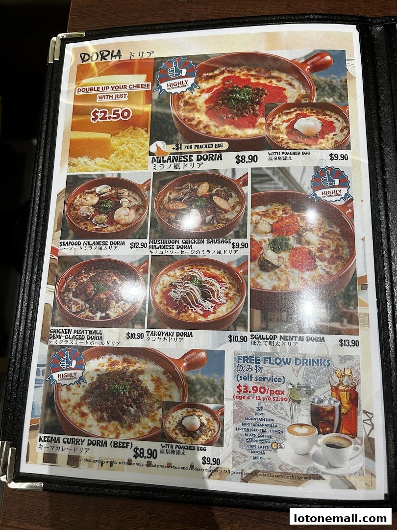 A menu featuring various Doria dishes, including Milanese, Seafood, Chicken Meatball, and Keema Curry, with drink options.