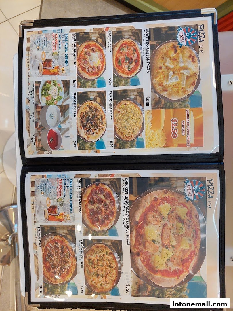 A menu featuring various pizzas, drinks, and soups with prices and descriptions.