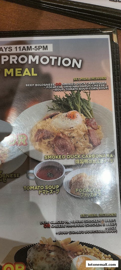 A menu featuring promotional set meals with pasta, soup, and focaccia.