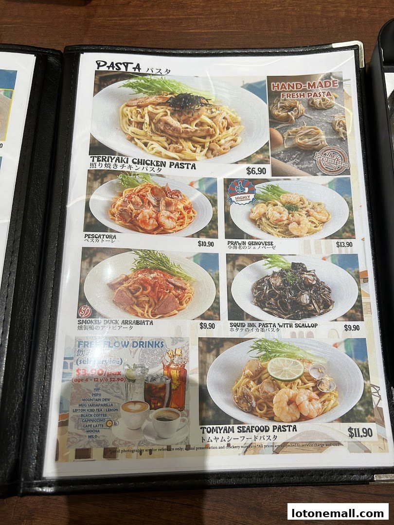 A menu page showcasing various pasta dishes and free-flow drinks at Milan Shokudo.