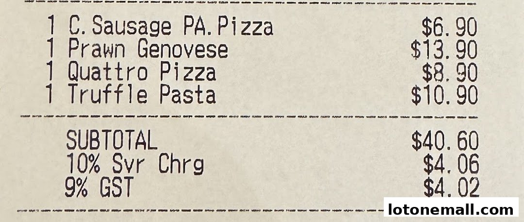 A receipt showing a list of food items and their prices, including pizzas and pasta.