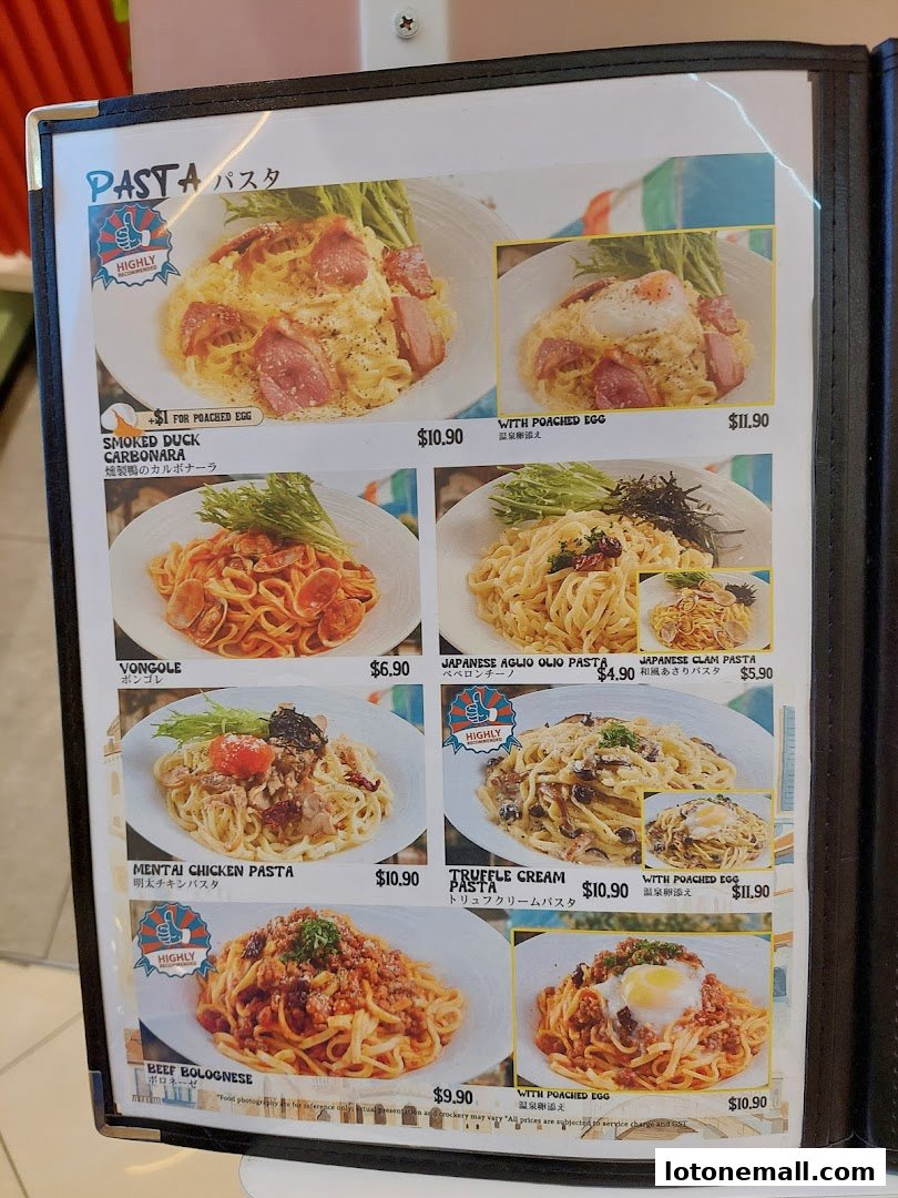 A menu showcasing various pasta dishes with enticing images and prices.
