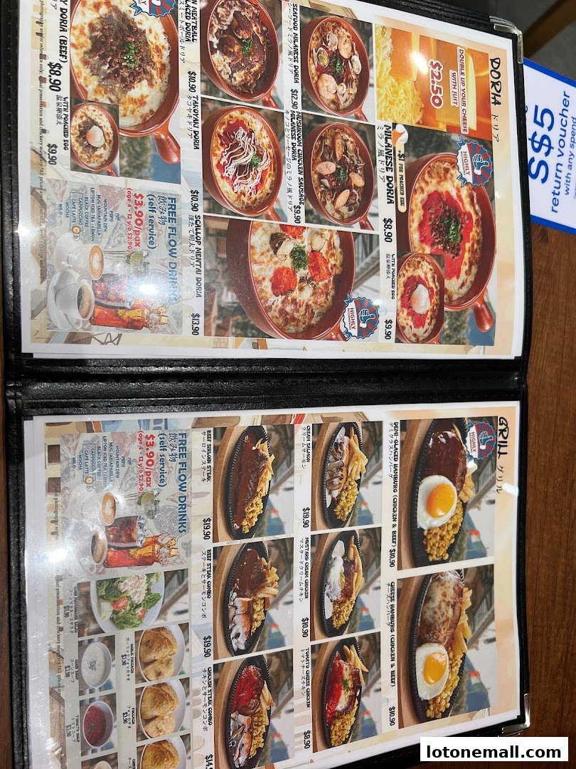 A menu from Milan Shokudo featuring various Doria dishes and grilled items with prices.