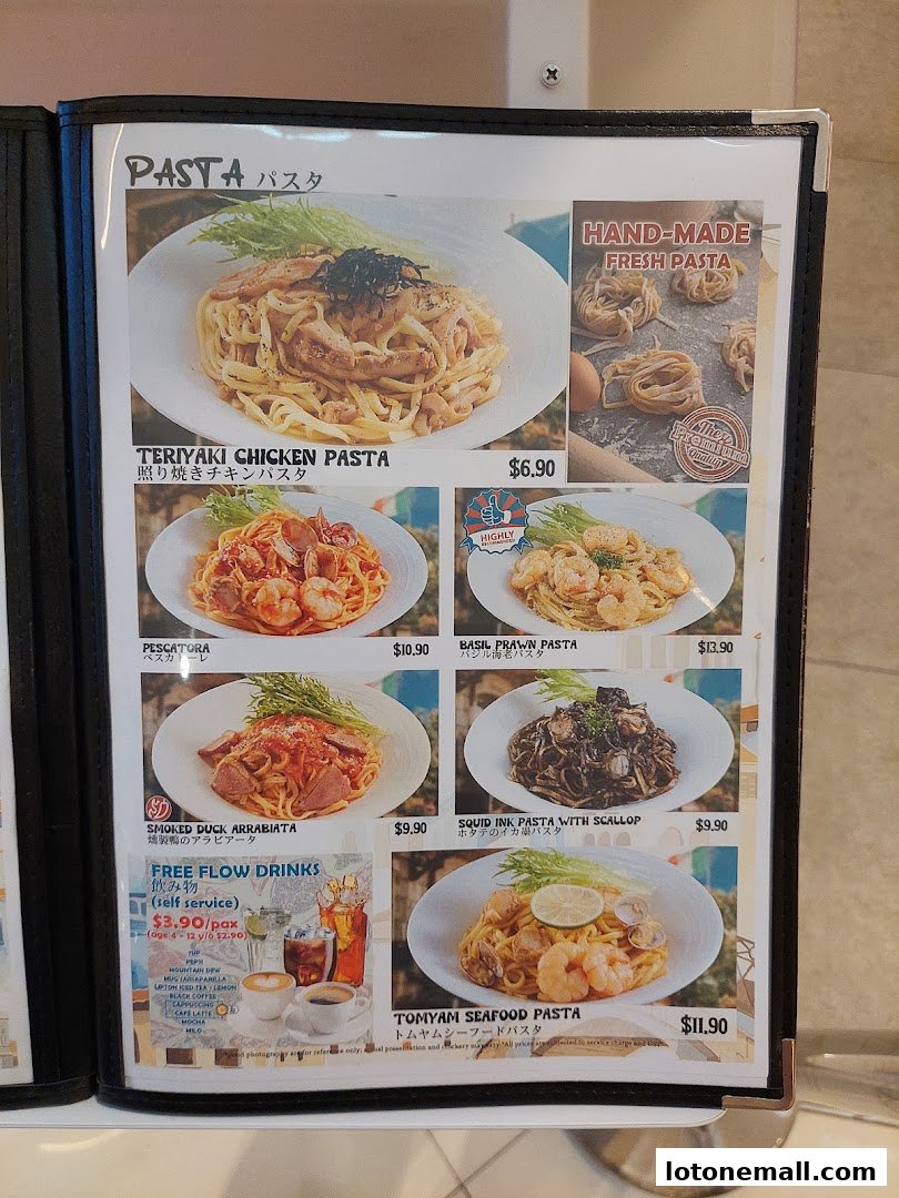 A menu page showcasing various pasta dishes with enticing images and prices.