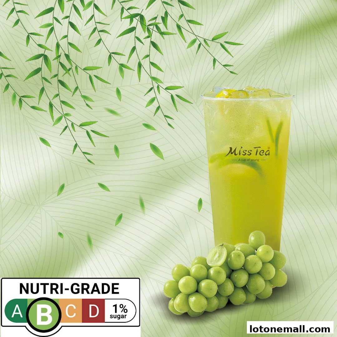 A refreshing green beverage from Miss Tea with grapes and a Nutri-Grade label.