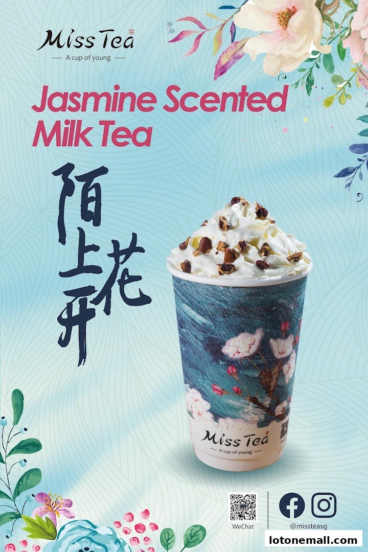 A cup of Jasmine Scented Milk Tea from Miss Tea with whipped cream and toppings.