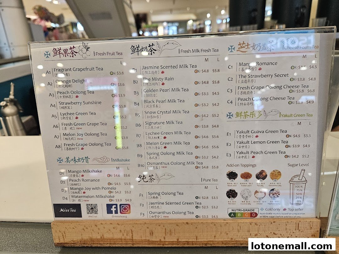 A menu for Miss Tea featuring various fruit teas, milk teas, milkshakes, and pure teas.