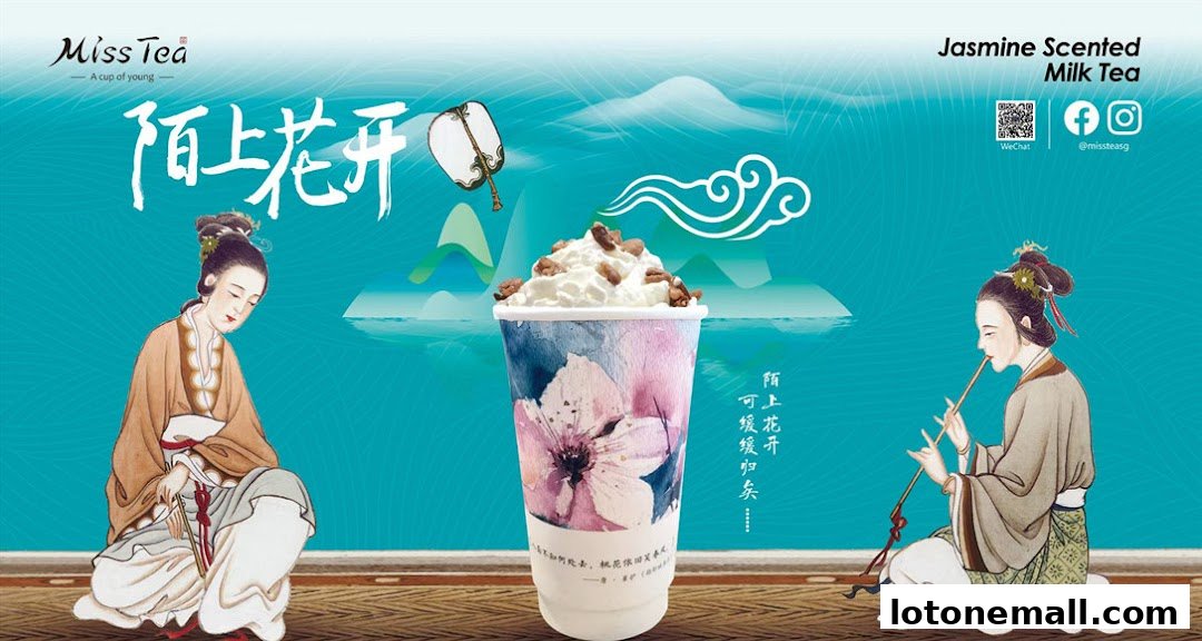 A promotional image for Miss Tea's Jasmine Scented Milk Tea, featuring traditional Chinese art and a beverage.