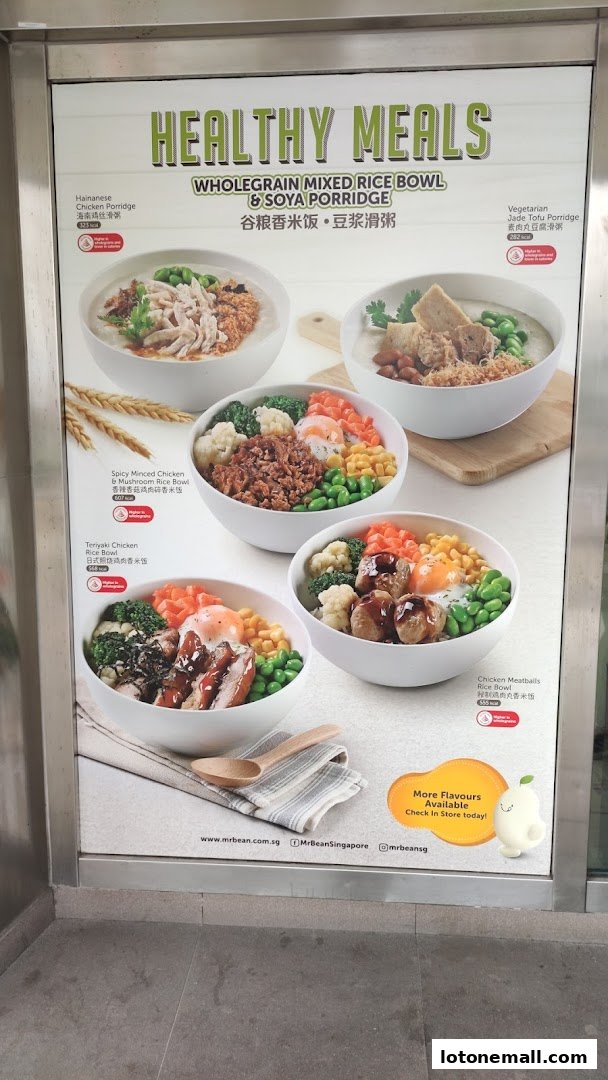 A menu board showcasing healthy meals including various rice bowls and porridge options from Mr Bean.