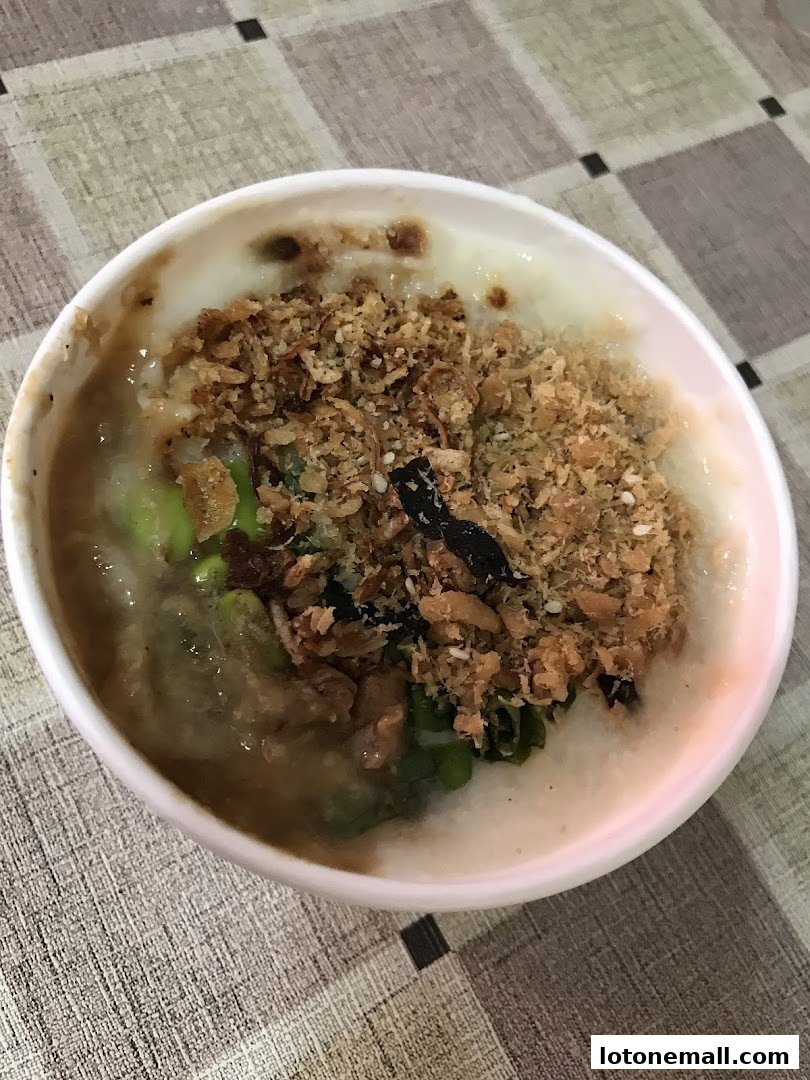 A close-up shot of a bowl of congee topped with crispy fried shallots and other savory ingredients.