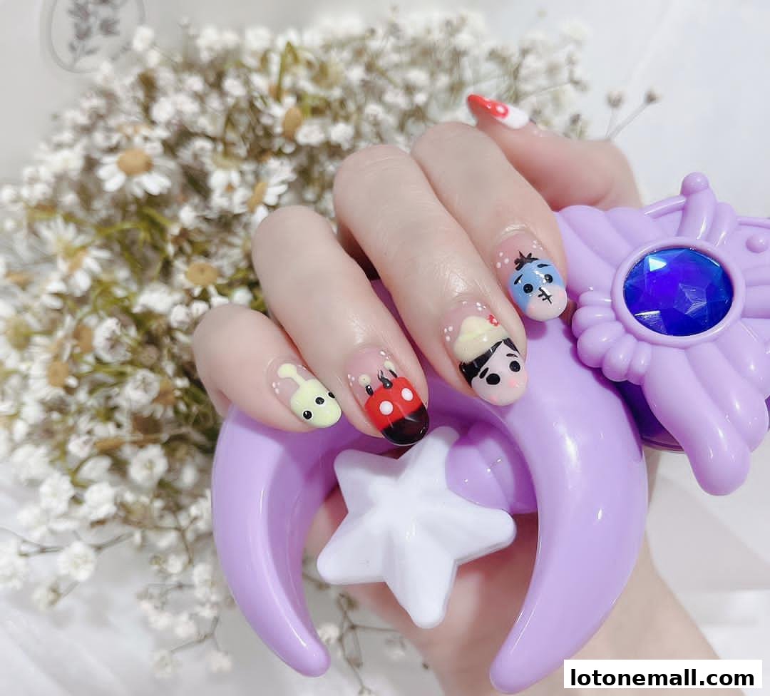 A hand with intricately designed cartoon character nails, holding a purple wand.