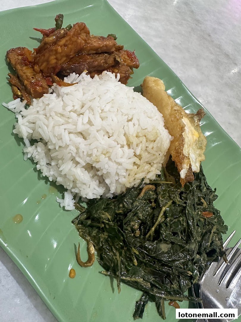A plate of Indonesian food with rice, tempeh, vegetables, and fried egg.