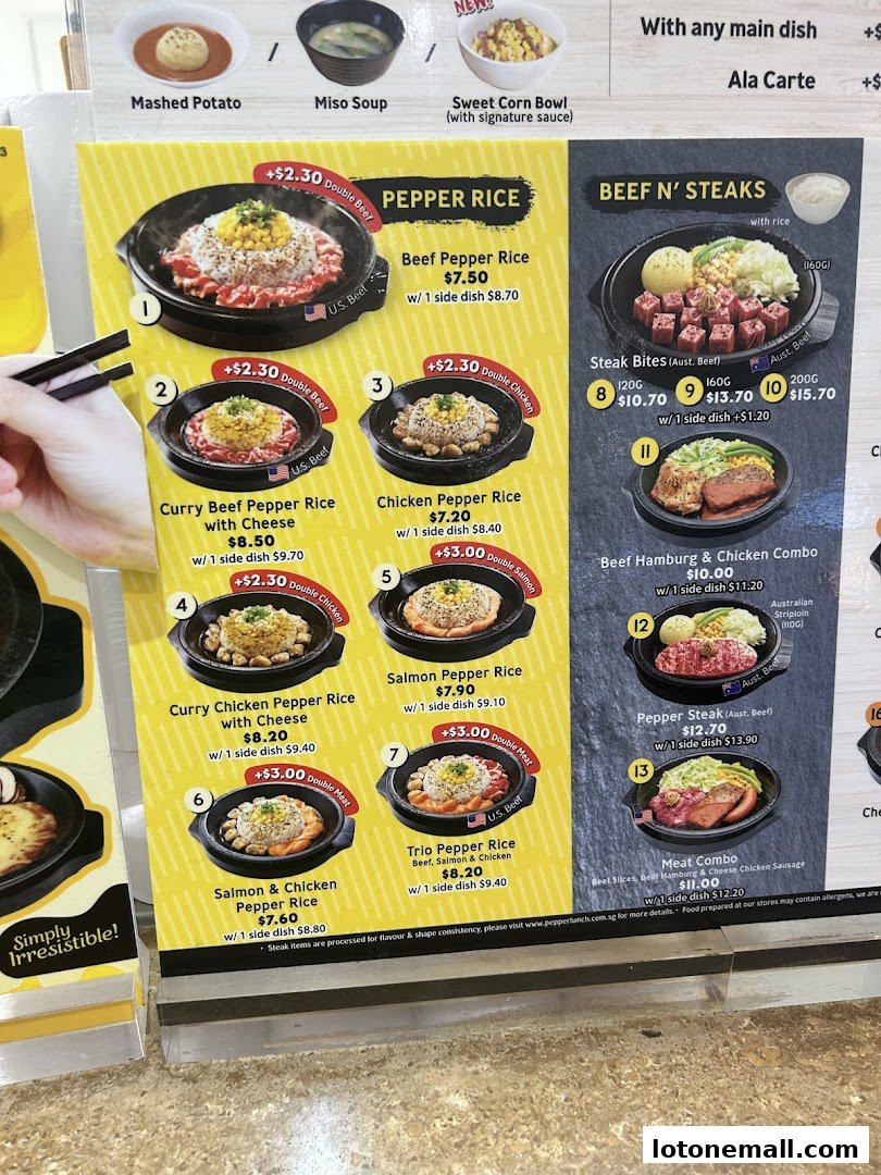 A menu board showcasing Pepper Lunch Express's signature dishes, including various pepper rice and steak options.