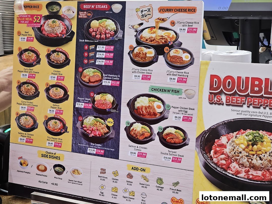 A menu board displaying various Pepper Lunch dishes, including beef, chicken, and salmon options.