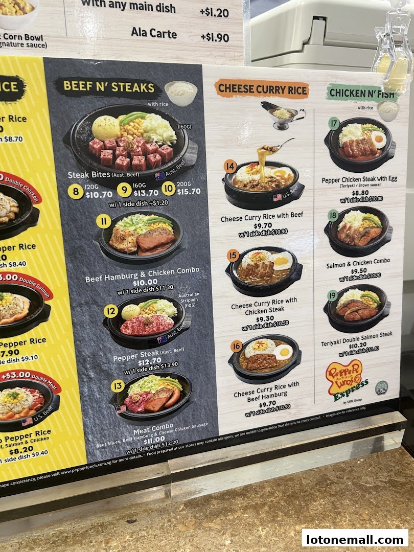 A menu board displaying various beef, chicken, and fish dishes with prices.