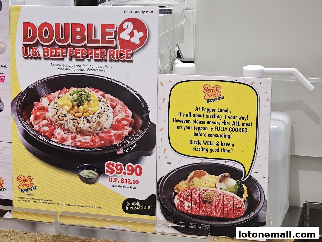 Promotional posters for Pepper Lunch Express featuring Double U.S. Beef Pepper Rice and a sizzling steak dish.