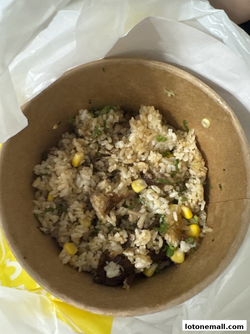 A close-up of a takeaway bowl filled with rice, corn, and meat.