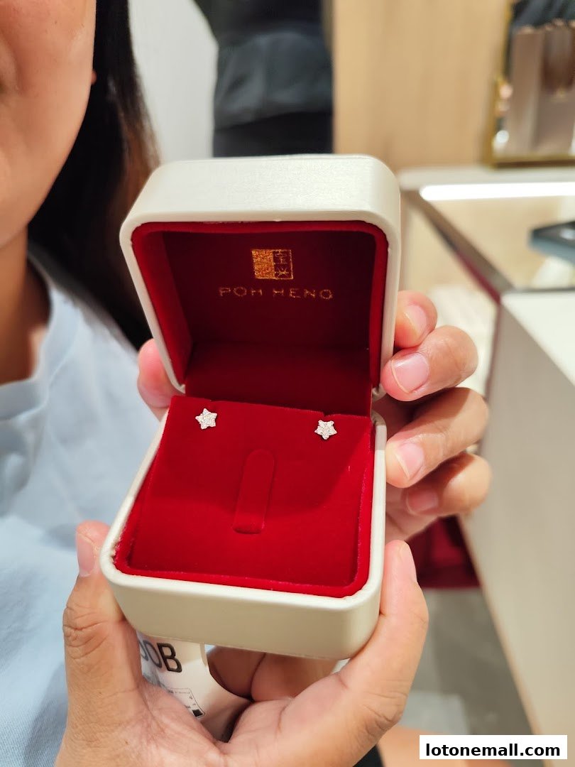A person holds an open jewelry box revealing a pair of star-shaped earrings.
