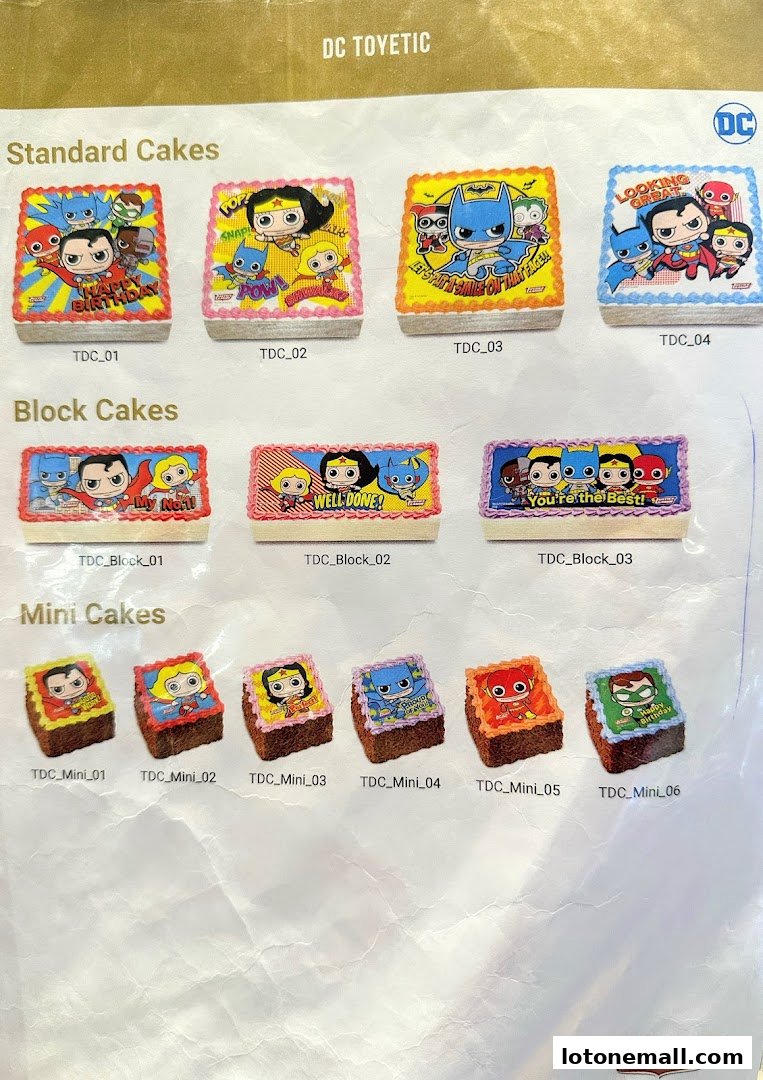 A catalog showcasing DC Comics themed cakes in standard, block, and mini sizes.