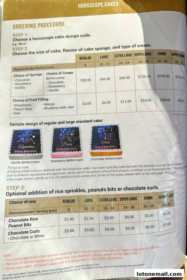A menu detailing pricing and options for custom horoscope cakes.