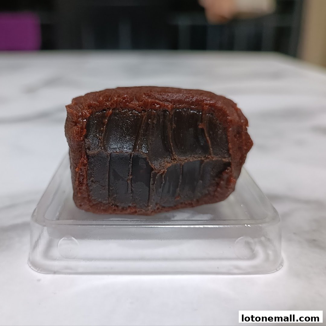 A close-up of a rich, dark chocolate pastry with a layered filling.