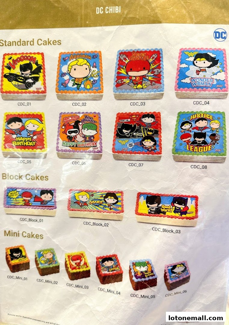 A menu showcasing DC Chibi themed cakes in standard, block, and mini sizes.